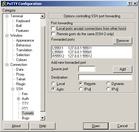 Screenshort of Putty port forwarding configuration