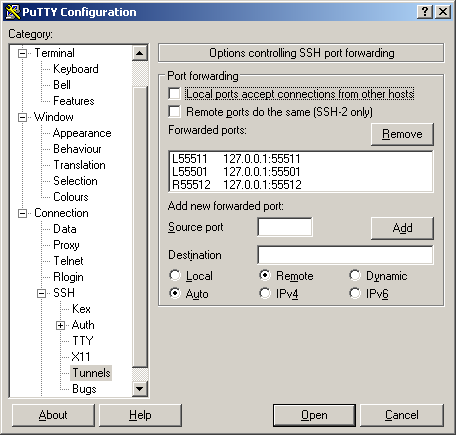 port forwarding ssh tunnel putty local ports accept